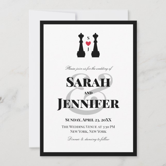 Invitation Pièces d'échecs de la reine noire Mariage lesbien (Devant)