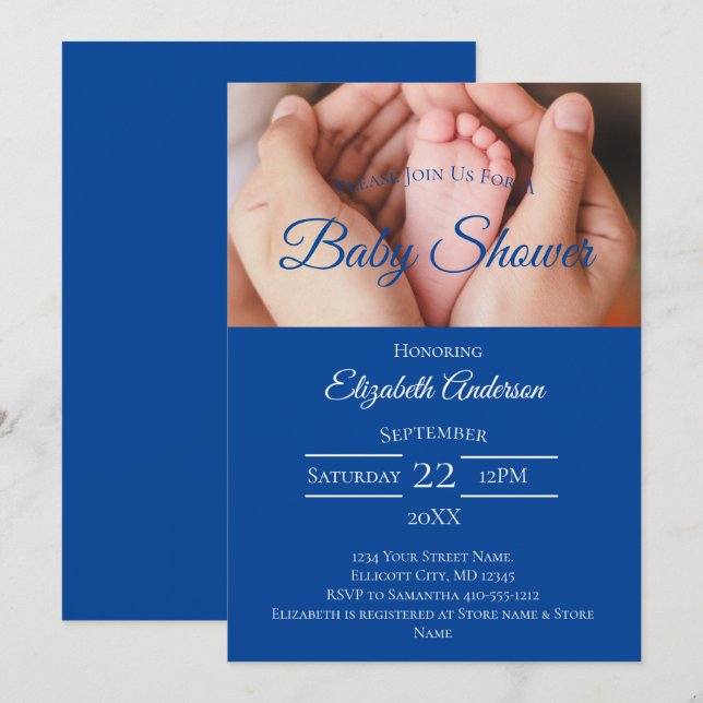 Invitation Pieds bébé photo Baby shower garçon bleu blanc (Devant / Derrière)