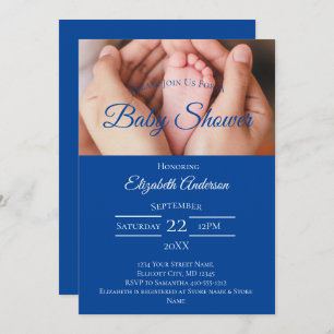 Invitation Pieds bébé photo Baby shower garçon bleu blanc