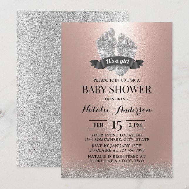 Invitation Pieds bébé Rose moderne Gold Baby shower fille (Devant / Derrière)