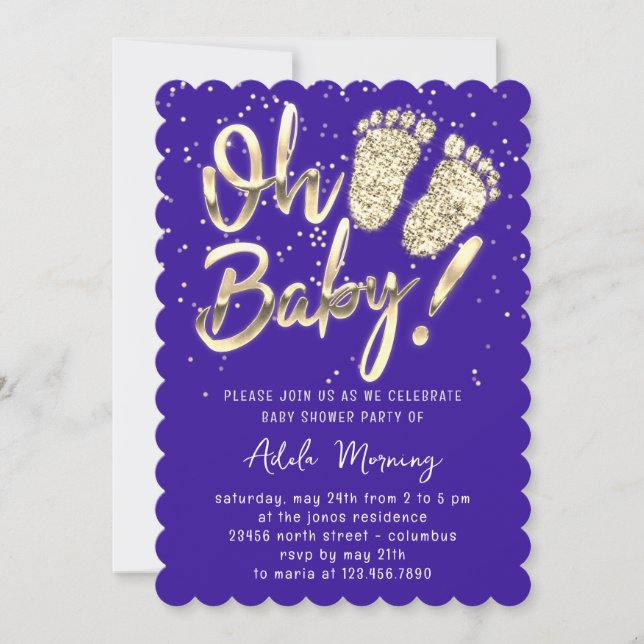 Invitation Pieds Dorés Bébé Fille Garçon Douche Indygo Bleu (Devant)