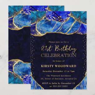 Invitation Pierre de cristal bleu or élégant 21e anniversaire