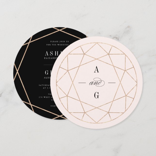 Invitation Pierre de diamant ronde géométrique Mariage élégan (Devant / Derrière)