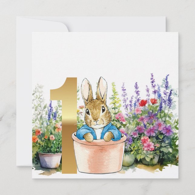 Invitation Pierre le lapin dans un pot premier anniversaire (Devant)