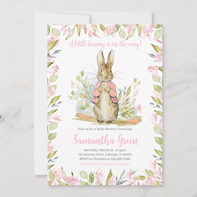 Invitation Pierre rose Baby shower Rabbit (Devant)
