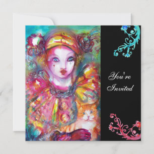 Invitation PIERROT AVEC CHAT / Mardi Gras Fête Masquée