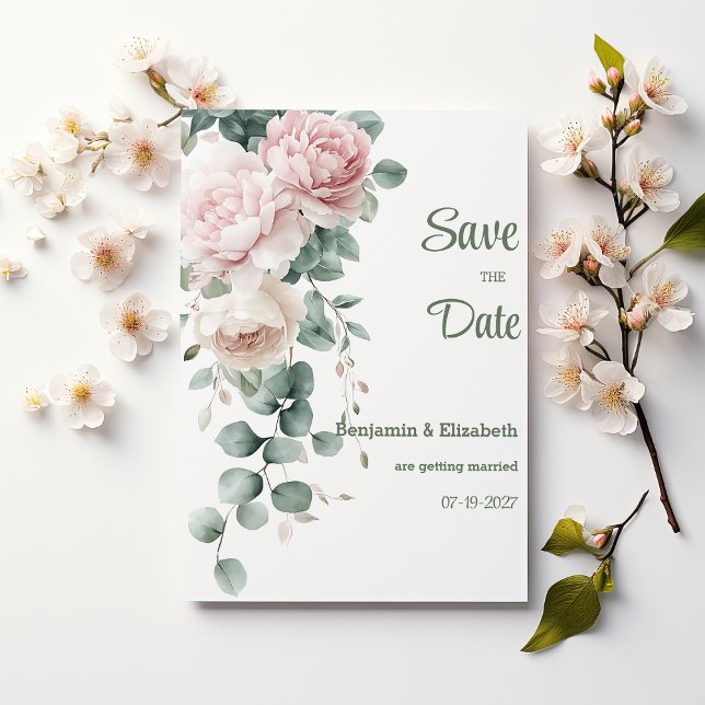 Invitation Pies de guirlande rose feuille d'eucalyptus Enregi (Pink garland peonies eucalyptus leaf Save the Date )
