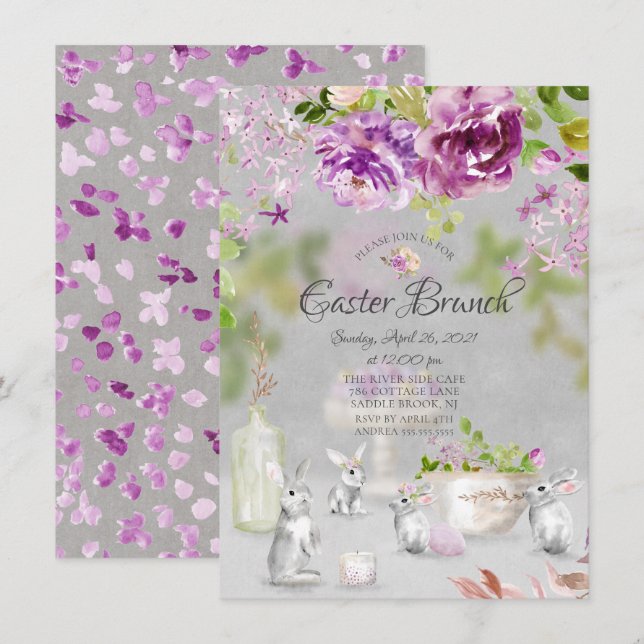 Invitation Pies du printemps Bunny Floral Brunch de Pâques (Devant / Derrière)