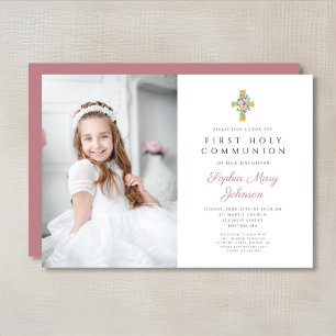 Invitation Pies roses Croix Fille première communion Photo
