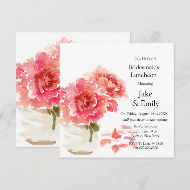 Invitation Pies roses Mason Jar Bridesmaids Déjeuner (Devant / Derrière)