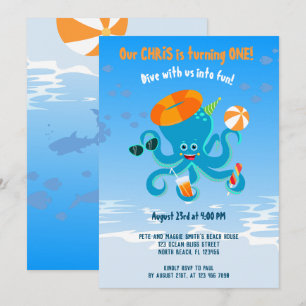 Invitation Pieuvre Bleue Sous la Mer Fête d'anniversaire de g