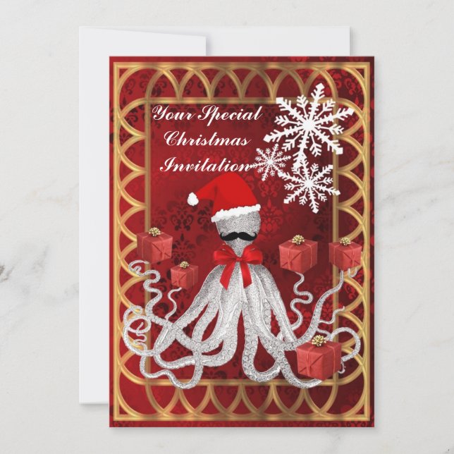 Invitation Pieuvre de Noël drôle sur damas rouge (Devant)