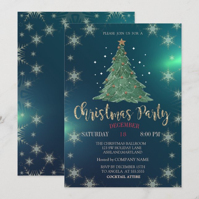 Invitation Pin de Noël, Green Company Party (Devant / Derrière)
