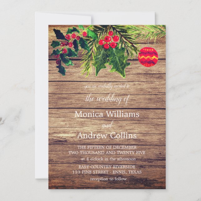 Invitation Pin d'hiver de Noël Aquarelle Mariage bois (Devant)
