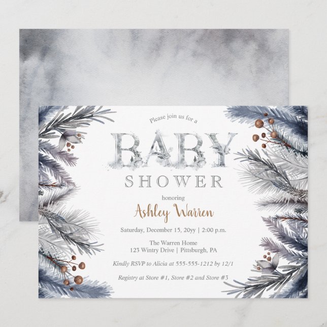 Invitation Pin d'hiver rustique | Baby shower Floral Berries (Devant / Derrière)