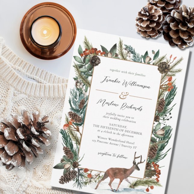 Invitation Pin d'hiver rustique vert vert Mariage À feuillage (Créateur téléchargé)