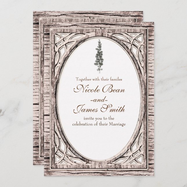 Invitation Pin rustique & Bois blanc Mariage d'hiver (Devant / Derrière)