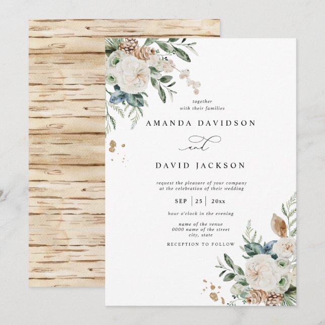 Invitation Pin rustique naturel vert et Mariage de baies roug (Devant / Derrière)