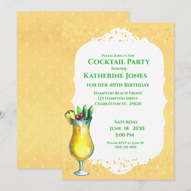 Invitation Pina Jaune Colada Anniversaire Cocktail Party (Devant / Derrière)