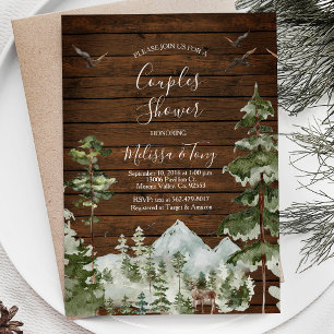 Invitation Pinceau rustique Arbre de pin Montagne Couple Douc