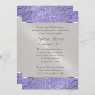 Invitation Pinces Filigree d'Argent Violet Quinceanera