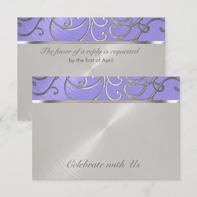 Invitation Pinces Filigree d'Argent Violet Quinceanera (Devant / Derrière)