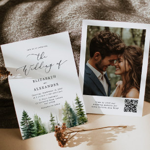 Invitation Pine arbres élégant minimaliste code qr mariage