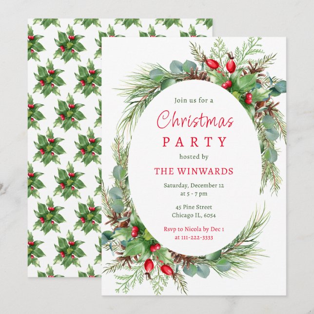 Invitation Pine Branches et Berries fête de Noël (Devant / Derrière)