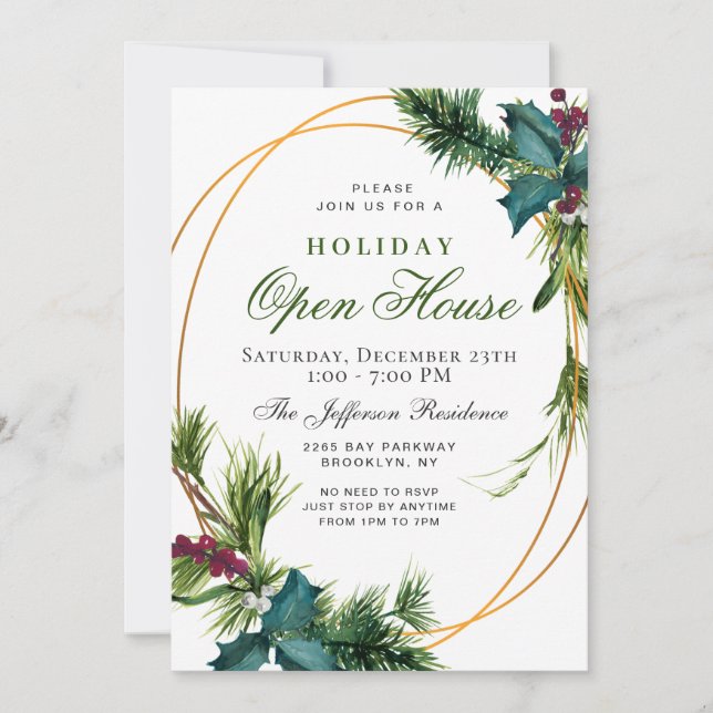 Invitation Pine Cone Holly Frame Noël FÊTE OUVERTE MAISON (Devant)