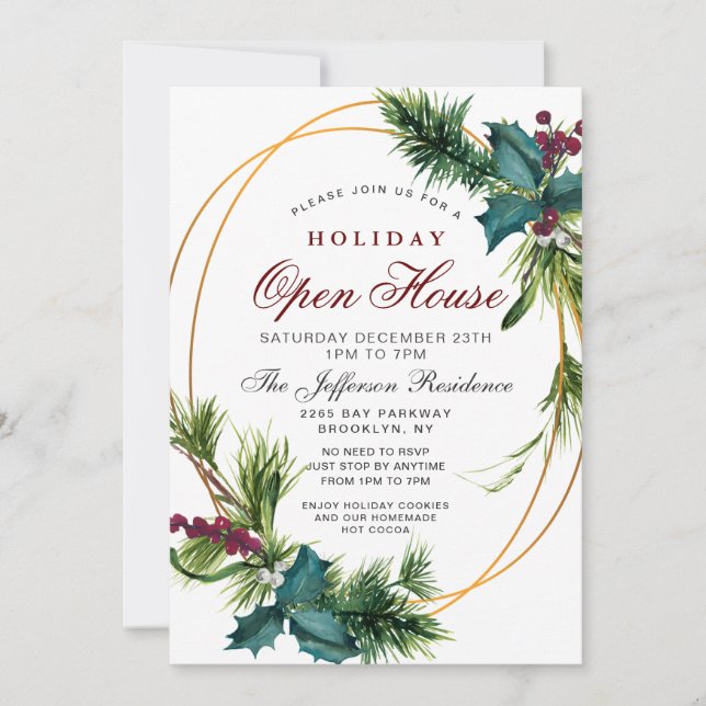 Invitation Pine Cone Holly Frame Noël FÊTE OUVERTE MAISON (Devant)