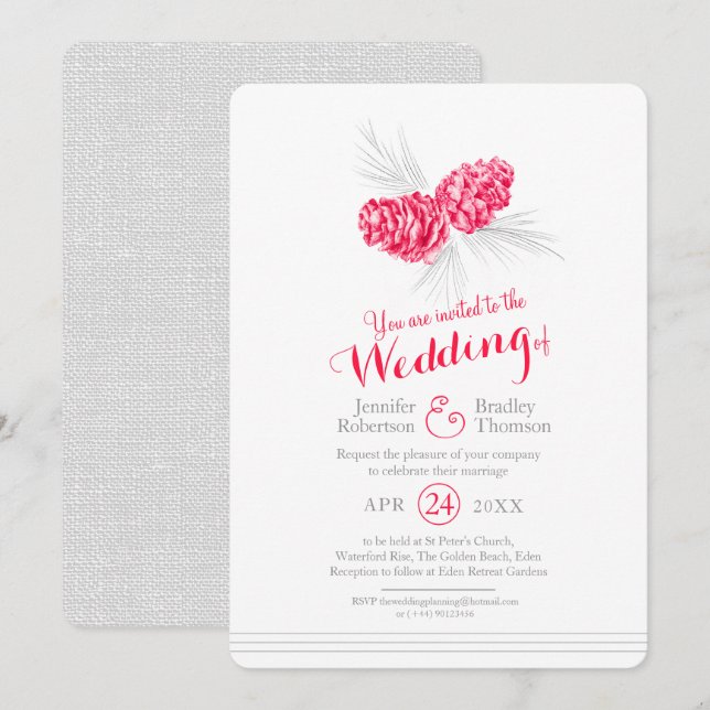 Invitation Pine cônes art dessin rouge gris mariage (Devant / Derrière)