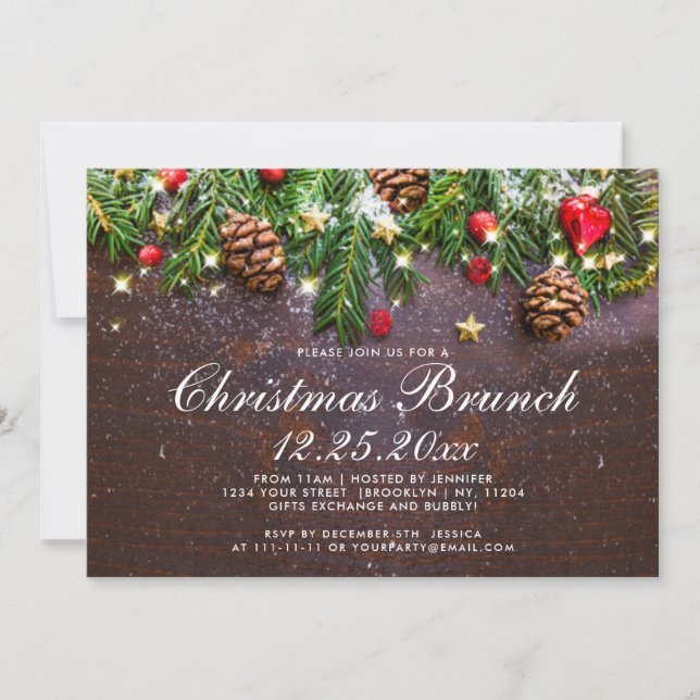 Invitation Pine Cônes Branche Rustique Noël Brunch (Devant)