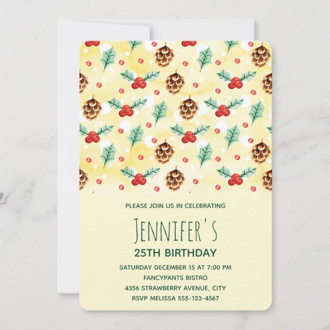 Invitation Pine Cones et Holly Hiver Motif Anniversaire (Devant)