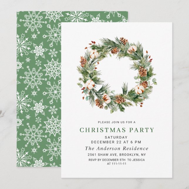Invitation Pine Cones Fir Wreath Fête Noël (Devant / Derrière)