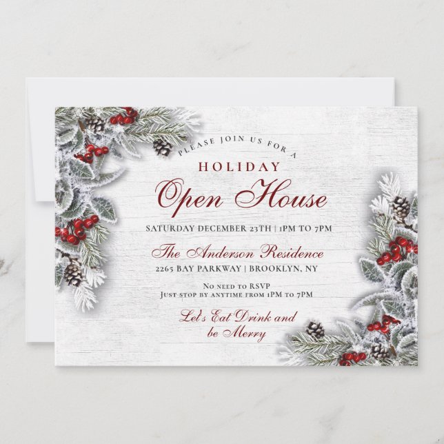 Invitation Pine Cones Holly Branche Rustique Holiday Open Hou (Devant)