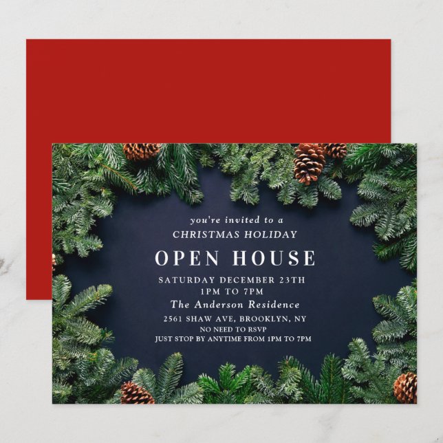 Invitation Pine Cones Rustique Maison ouverte de Noël (Devant / Derrière)