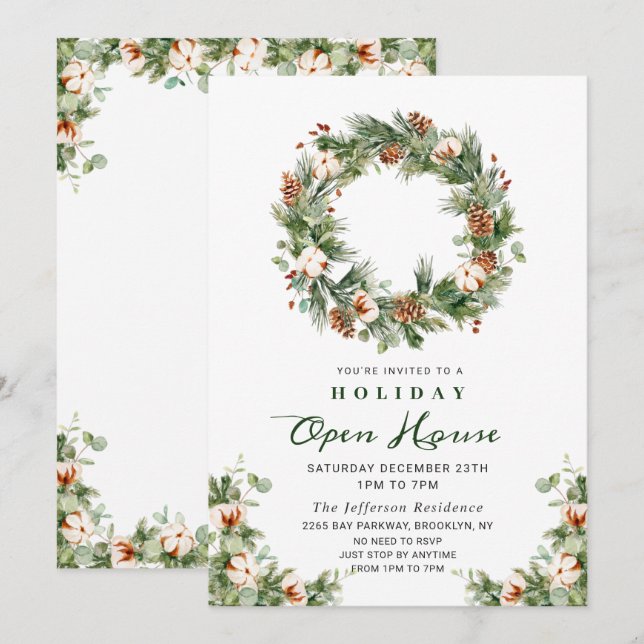 Invitation Pine Cones Wreath CHRISTMAS Holiday Open House (Devant / Derrière)