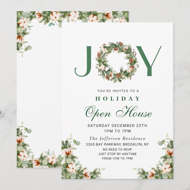 Invitation Pine Cones Wreath CHRISTMAS Holiday Open House (Devant / Derrière)
