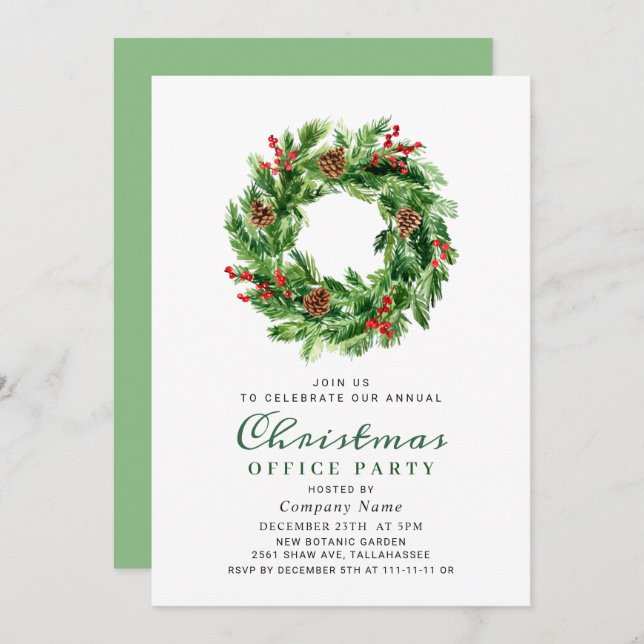 Invitation Pine Cones Wreath Corporate Christmas Party (Devant / Derrière)