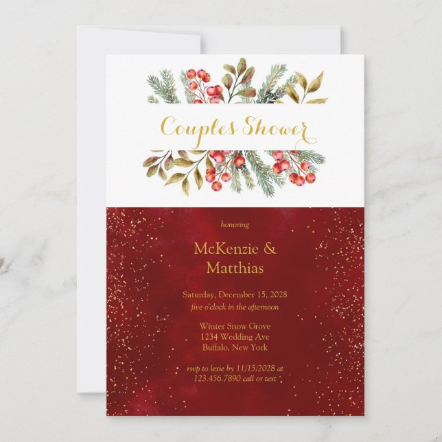 Invitation Pine de Noël Berrie Burgundy Gold Couples Douche (Devant)