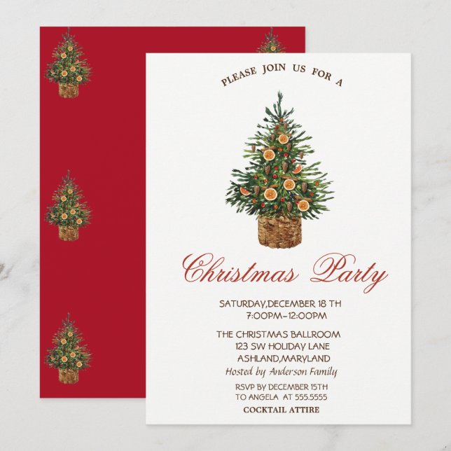 Invitation Pine de Noël Orange Red Christmas Party (Devant / Derrière)