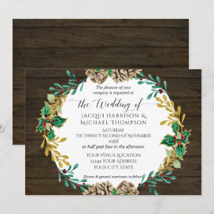 Invitation Pine de Noël Rustique Gold Mariage de verdure