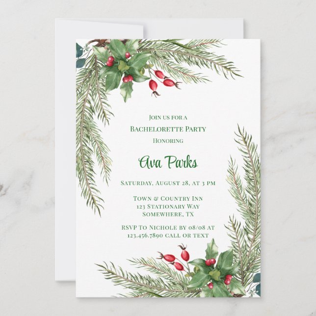 Invitation Pine Needles Red Berry Bachelorette Party (Devant)