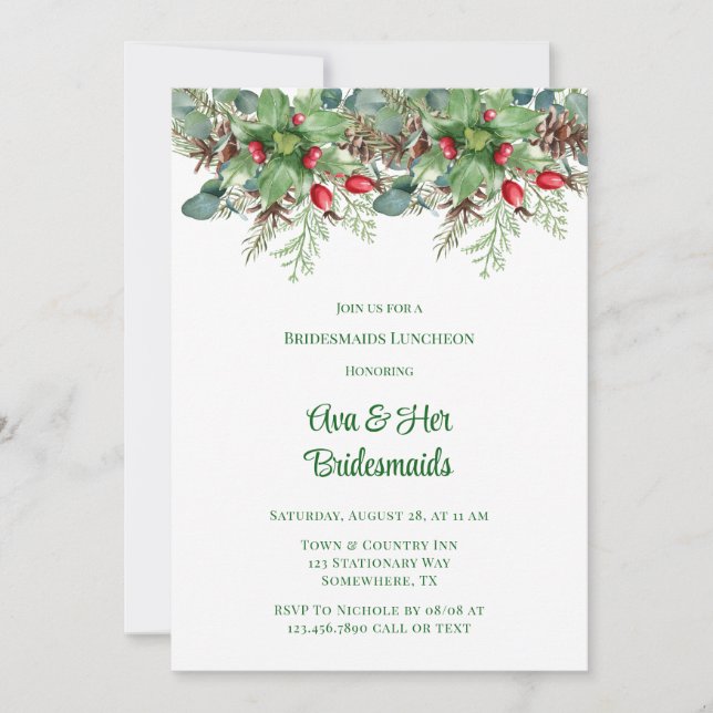 Invitation Pine Needles Red Berry Bridesmaiers Déjeuner (Devant)