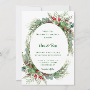 Invitation Pine Needles Red Berry Mariage de Noël