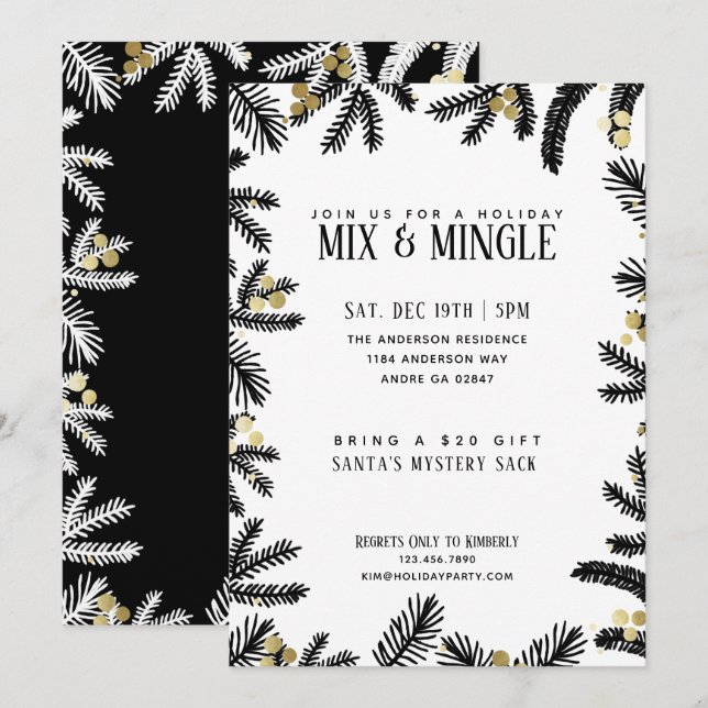 Invitation Pine Noire & Or moderne et fête de vacances Berrie (Devant / Derrière)