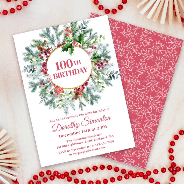 Invitation Pine Rustique Holly Berry Wreath 100e anniversaire (Matching party supplies available - napkins, welcome signs etc. Message me for help finding them. )