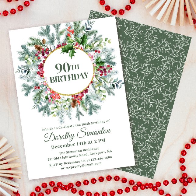 Invitation Pine Rustique Holly Berry Wreath 90e anniversaire (Need matching party supplies? Welcome signs, napkins, papper plates. Message me!)
