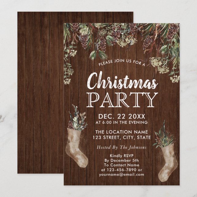 Invitation Pine rustique Verdure Aquarelle fête de Noël (Devant / Derrière)