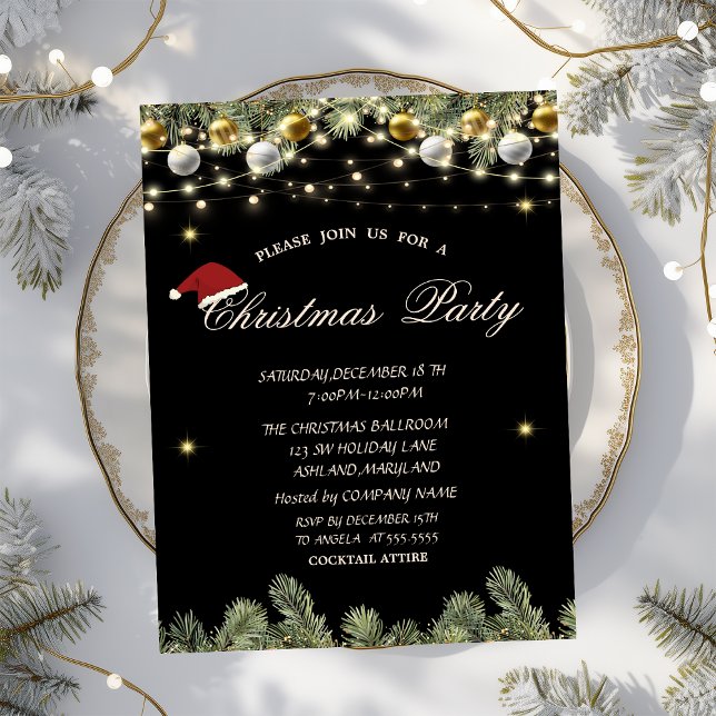 Invitation Pine Tree Branches Balls Black Christmas Company (Créateur téléchargé)